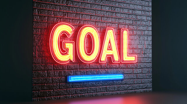 Achieve Your Goals! Bright neon GOAL sign illuminates a dark brick wall, inspiring ambition and success. A vibrant symbol of determination.