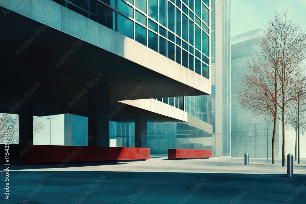 Poster a building with a red bench in front of it