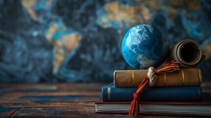 Front view of stacked books, a diploma and an earth globe with copy space for education day