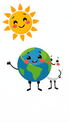 Obraz premium Cute smiling cartoon characters of Sun, Earth and Moon, silhouette, with white tones