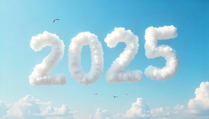 Clouds forming the numbers 2025 against a clear blue sky, Happy New Year 2025, celebration, banner, template, created with generative ai