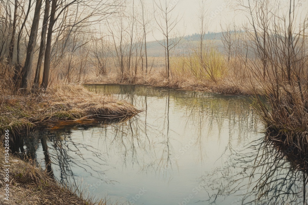 Poster a serene small stream runs through a dense forest with tall trees