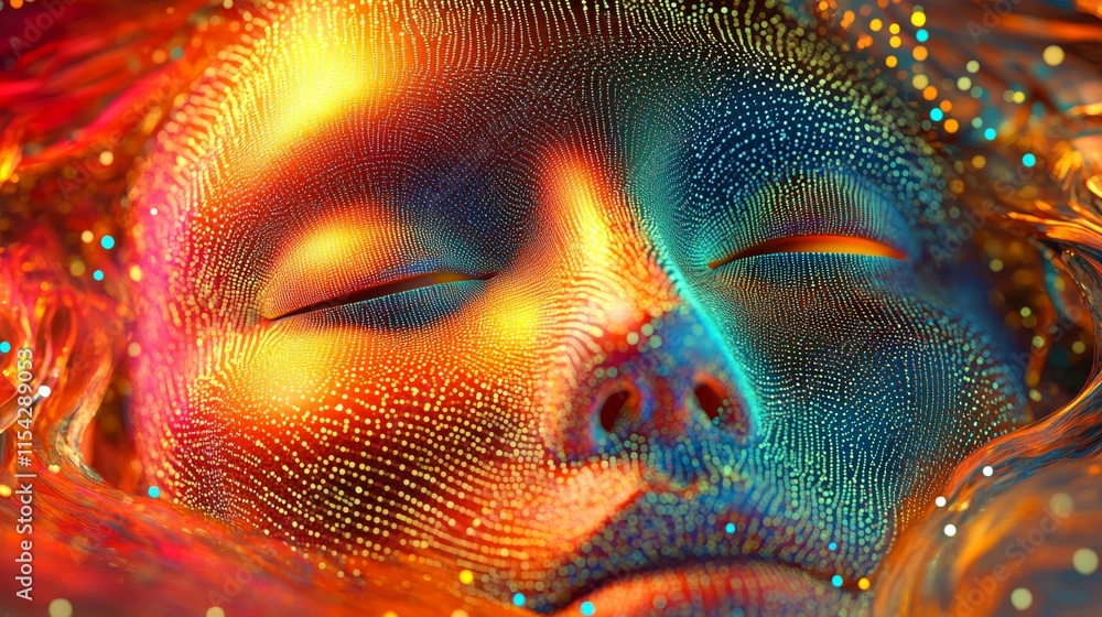 Poster a close-up of a digital face with vibrant, glowing textures and patterns, showcasing artificial inte