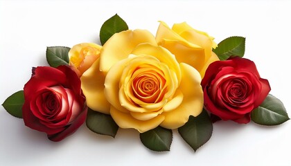 yellow and red rose flowers on white background