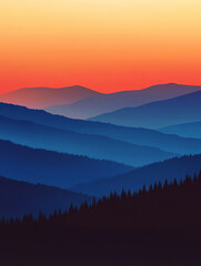 Fototapeta premium Dusk sky over the blue mountains with silhouettes of trees. Sunset in red and orange colors. Minimal nature background. Beautiful panoramic view of hills at dusk