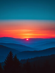 Obraz premium Dusk sky over the blue mountains with silhouettes of trees. Sunset in red and orange colors. Minimal nature background. Beautiful panoramic view of hills at dusk