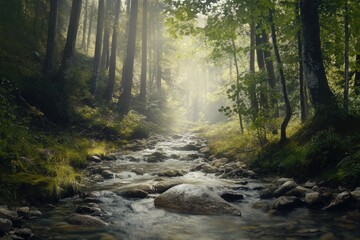 Obraz premium Lush green forest with a flowing stream