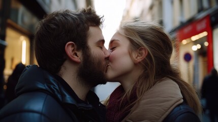 Naklejka premium A romantic moment between two people on a bustling city street