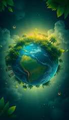 Earth day illustration, concept of ecology and sustainable development our globe with green nature environment, dramatic atmosphere, with white tones