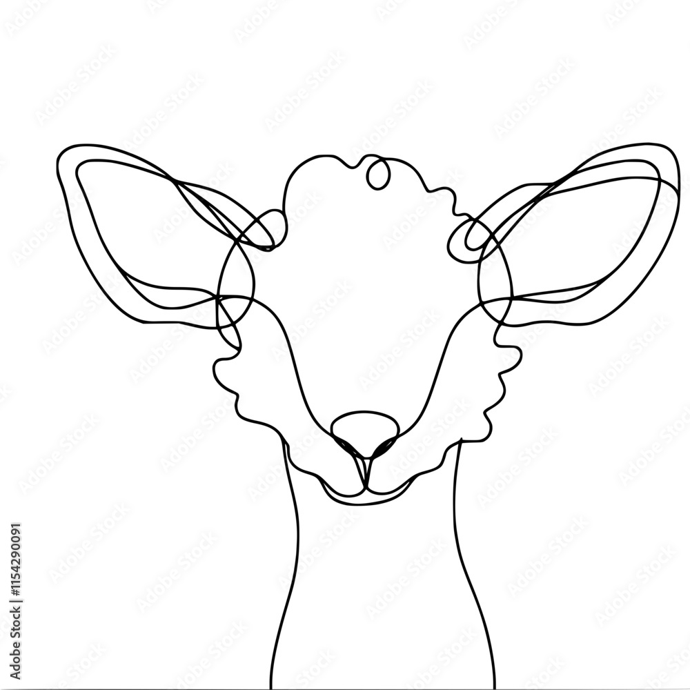 Poster continuous line drawing of sheep with curly wool and large ears