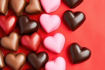 Fototapeta premium A collection of chocolate hearts on a bright red surface