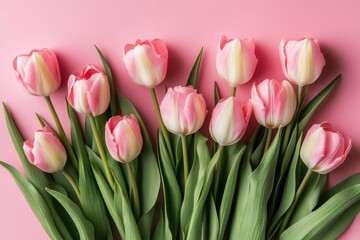 Fototapeta premium Fresh Pink Tulips with Green Leaves on Soft Pink Background, Perfect for Spring and Floral Themed Designs, Celebrations, or Home Decor Inspiration