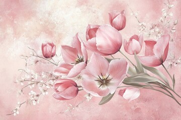 Beautiful Pink Tulips and Blossom Flowers Against a Soft Pink Background, Capturing the Essence of Spring and Natural Elegance in Floral Artistry