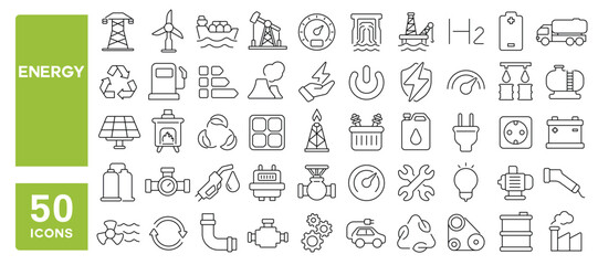 Set of 50 line icons related to energy, power, charging, gas, petrol, solar, battery, electricity, Editable stroke. Vector illustration