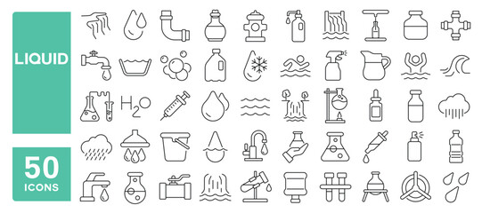Set of 50 line icons related to liquid, splash, water, spray, drop, tube, wave, swirl, fluid, tap, hydration, splat, Editable stroke. Vector illustration