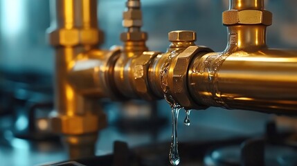 Close-up of a brass water pipe with dripping water, in the background a commercial gas stove.
