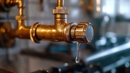 Fototapeta premium Close-up of a brass water pipe with dripping water, in the background a commercial gas stove.