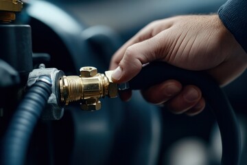 Hand of a technician connecting a flexible black hose to a brass fitting on a mechanical assembly in a modern industrial setting, focusing on precision and craftsmanship.