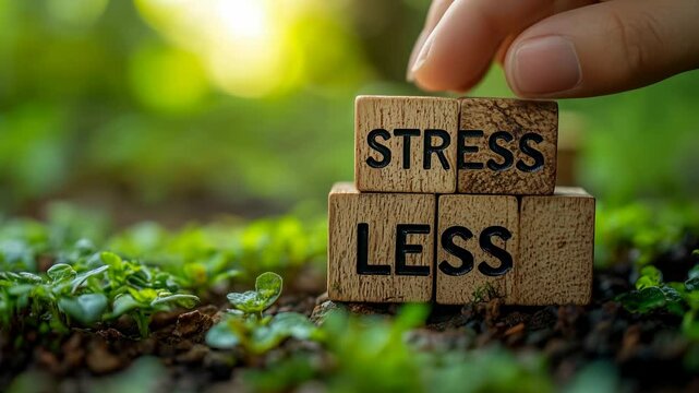 Healthy lifestyle video featuring wooden blocks spelling Stress Less placed on fresh green plants, with a hand adjusting the blocks. A calming and motivational video promoting stress managementю