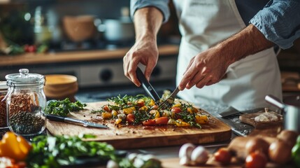 Obraz premium Cooking scene with fresh vegetables and herbs
