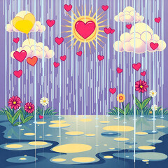 Obraz premium Playful illustration of hearts, flowers, and sun with rain on a purple background