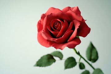Fototapeta premium A single red rose sits in a vase surrounded by green leaves, perfect for decoration or as a symbol of love