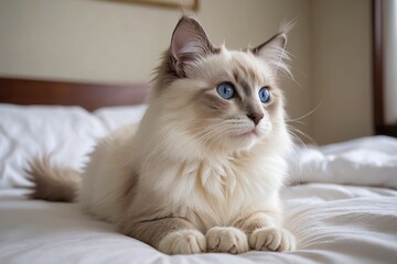 Fototapeta premium araffy cat laying on a bed with a white sheet