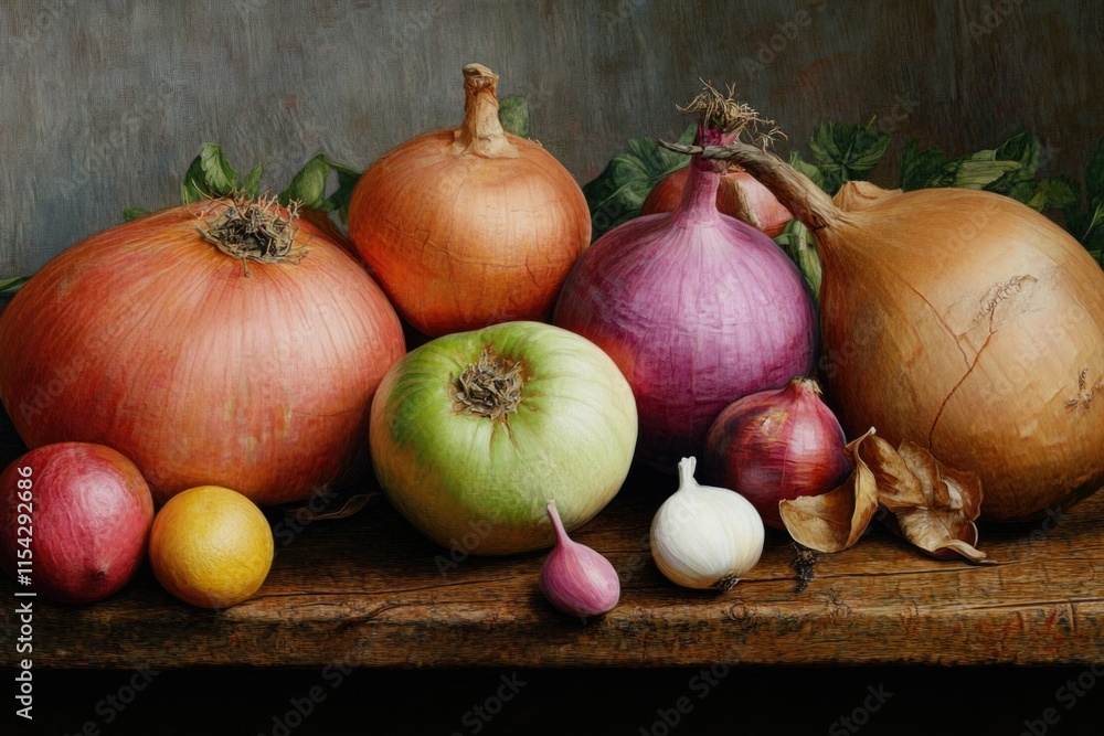 Poster a selection of fresh onions and apples arranged on a table