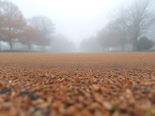 Fototapeta premium Foggy autumn scene with leaf covered ground and distant trees