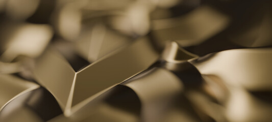A close-up 3D rendering of reflective golden surfaces, showcasing smooth curves, sharp edges, and metallic textures in an abstract composition.
