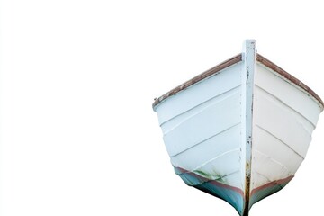 A small white boat sits atop a wooden pole, isolated on a blue background