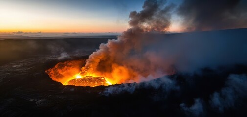 Fototapeta premium A breathtaking aerial view of a volcanic eruption, showcasing fiery lava and thick smoke against a sunset backdrop.