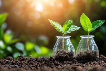 Two small plants grow in glass jars, set against a blurred green background, symbolizing growth and nature under warm sunlight.