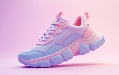 Modern pastel-colored sneakers with chunky soles, isolated on a soft lavender background
