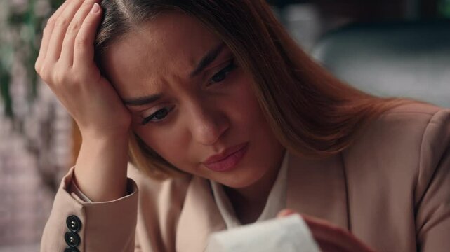 Close up frustrated despair Caucasian desperate girl business woman female businesswoman bankrupt entrepreneur boss accountant look at large bill check receipt tax debt money loss bankruptcy in office
