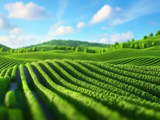 Lush green fields stretch across rolling hills under a bright blue sky, showcasing vibrant rows of crops in a serene landscape.