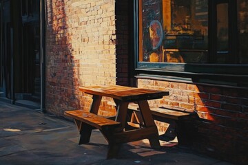 A simple wooden bench sits in front of a brick building, perfect for a quiet moment or a photo opportunity