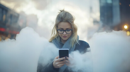 Fototapeta premium Woman Using Smartphone in a Cityscape with Cloud Computing Concept and Digital Connections