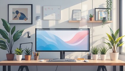 Modern workspace with a computer monitor and indoor plants on a wooden desk