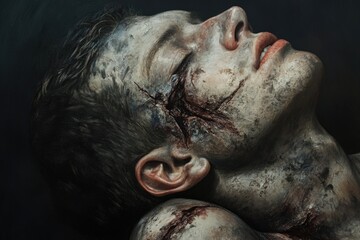 Obraz premium A close-up shot of a person's face with blood visible, suitable for use in medical or crime scene scenarios