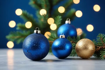 Obraz premium there are three blue and gold ornaments on a table