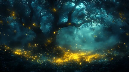 Obraz premium Enchanting dark forest scene with glowing fireflies illuminating the ground and large tree.