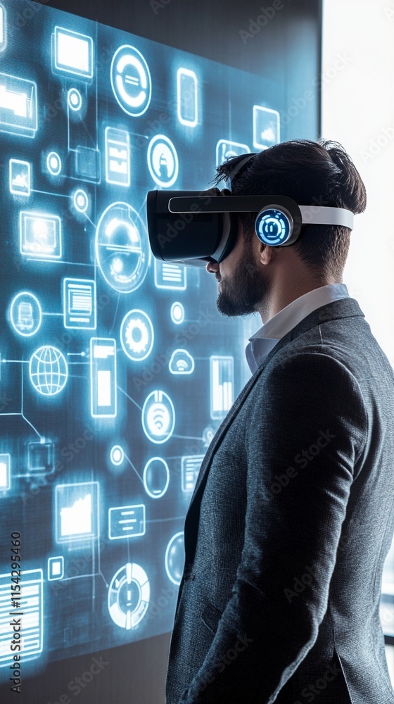 Poster professional wearing vr headset exploring digital interface with glowing blue icons and symbols floa