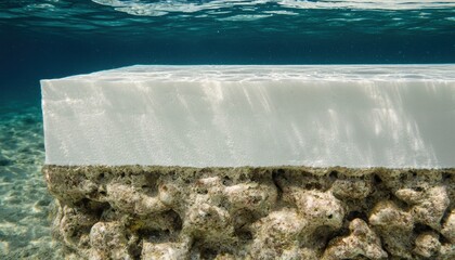 A clear underwater view showing a large, flat object resting on a bed of rocks, illuminated by sunlight filtering through the water's surface.