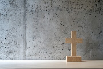 Wooden Cross on Minimalist Table Against Gray Concrete Wall for Religious Symbolism and Spiritual Reflection in Modern Interior Design