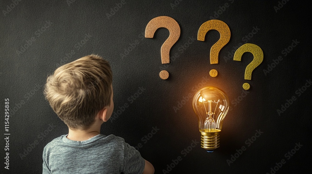 Poster young student facing chalkboard with glowing lightbulb and question marks, representing curiosity, l