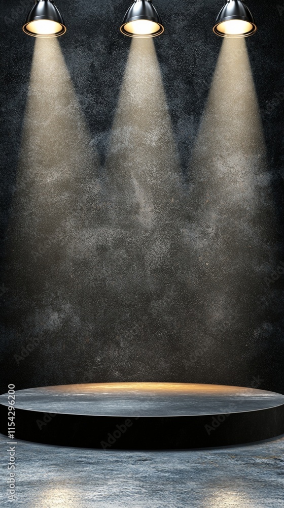 Poster three bright spotlights illuminating a circular black platform stage against dark background with dr