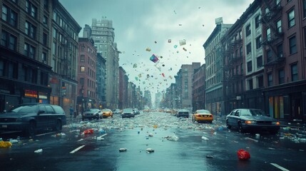 Urban Waste After Rainstorm in City Streets