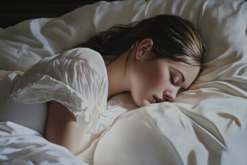 Obraz premium A person is resting in a clean bed with a white sheet, possibly in a bedroom