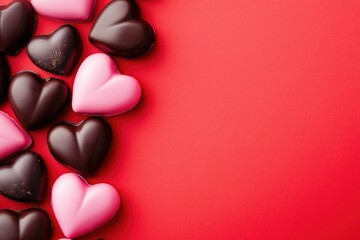 Obraz premium A collection of delicious-looking chocolate hearts on a vibrant red surface
